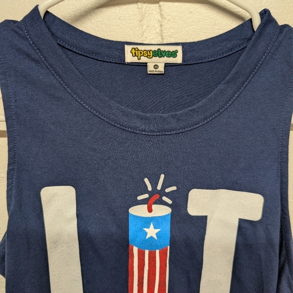 4th of July Tipsy Elves Womens Blue 'LIT' Fireworks Tank Top New with Tags XS - Picture 4 of 6